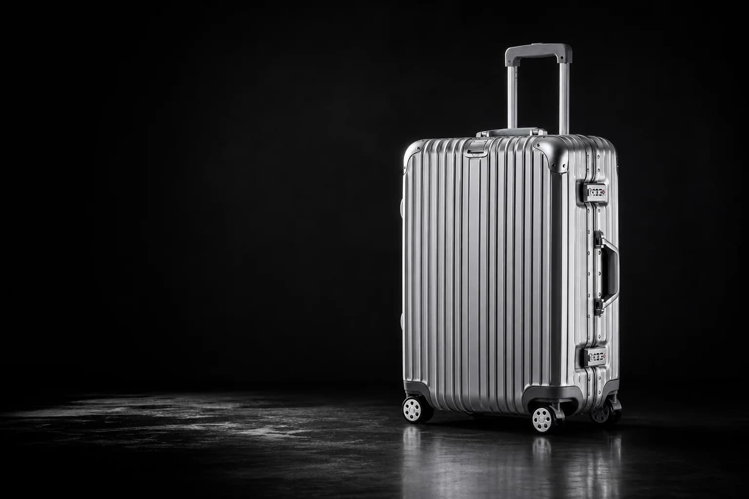 Silver aluminium frame suitcase lit against a dark backdrop