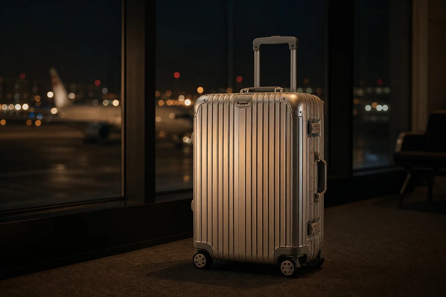 The aluminium suitcase standing by an airport window at night